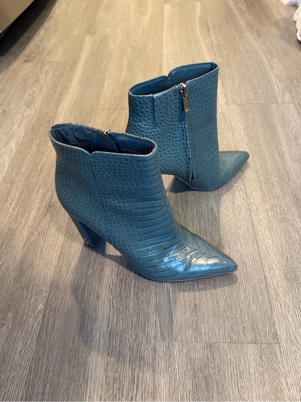 Sam Edelman Raelle Ankle Booties in Teal Croc-Embossed Leather